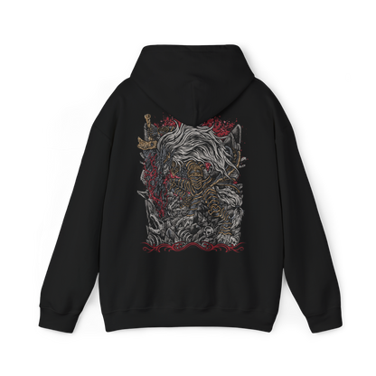 Image 5 of a Hooded Sweatshirt of Maliketh, the Black Blade, standing amid the shattered ruins of Crumbling Farum Azula with his massive sword raised toward the sky. Crimson Destined Death energy erupts from the blade while dark clouds and ancient stone structures surround his towering beast-like form. The composition emphasizes his savage strength, tragic loyalty, and role as guardian of forbidden death.