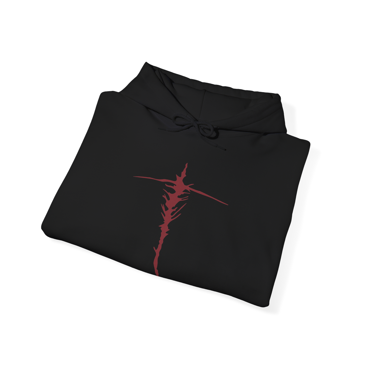 Image 6 of a Hooded Sweatshirt of Maliketh, the Black Blade, standing amid the shattered ruins of Crumbling Farum Azula with his massive sword raised toward the sky. Crimson Destined Death energy erupts from the blade while dark clouds and ancient stone structures surround his towering beast-like form. The composition emphasizes his savage strength, tragic loyalty, and role as guardian of forbidden death.