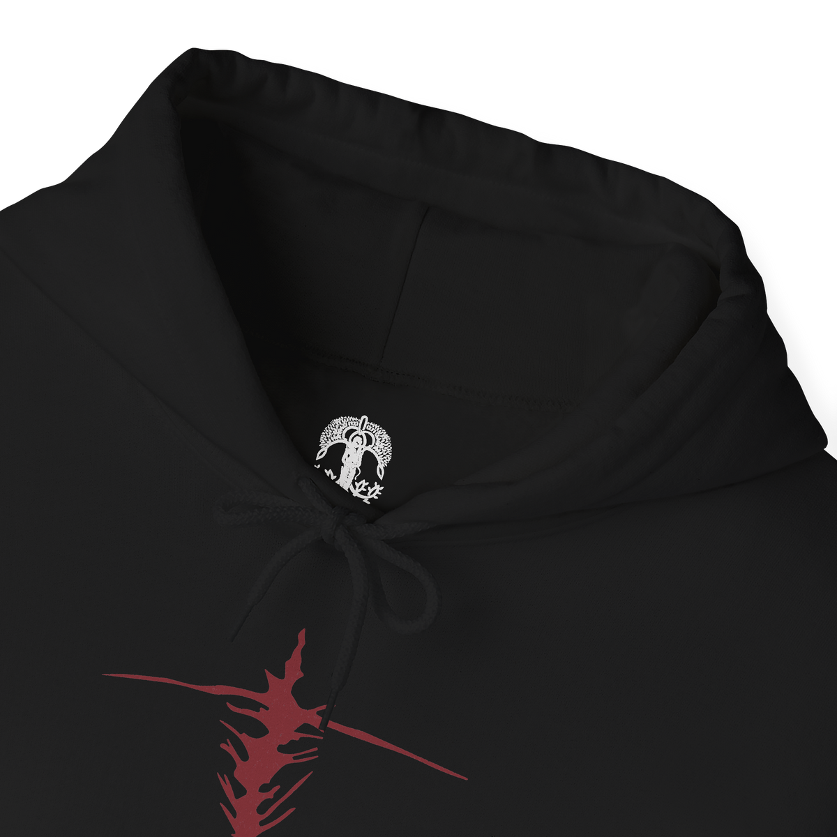 Folded Hooded Sweatshirt of Maliketh, the Black Blade, standing amid the shattered ruins of Crumbling Farum Azula with his massive sword raised toward the sky. Crimson Destined Death energy erupts from the blade while dark clouds and ancient stone structures surround his towering beast-like form. The composition emphasizes his savage strength, tragic loyalty, and role as guardian of forbidden death.