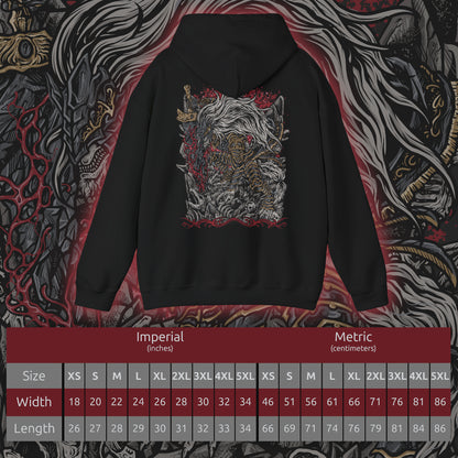 Size chart of a Hooded Sweatshirt of Maliketh, the Black Blade, standing amid the shattered ruins of Crumbling Farum Azula with his massive sword raised toward the sky. Crimson Destined Death energy erupts from the blade while dark clouds and ancient stone structures surround his towering beast-like form. The composition emphasizes his savage strength, tragic loyalty, and role as guardian of forbidden death.
