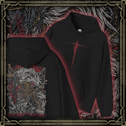 Thumbnail of a Hooded Sweatshirt of Maliketh, the Black Blade, standing amid the shattered ruins of Crumbling Farum Azula with his massive sword raised toward the sky. Crimson Destined Death energy erupts from the blade while dark clouds and ancient stone structures surround his towering beast-like form. The composition emphasizes his savage strength, tragic loyalty, and role as guardian of forbidden death.