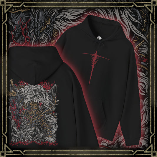 Thumbnail of a Hooded Sweatshirt of Maliketh, the Black Blade, standing amid the shattered ruins of Crumbling Farum Azula with his massive sword raised toward the sky. Crimson Destined Death energy erupts from the blade while dark clouds and ancient stone structures surround his towering beast-like form. The composition emphasizes his savage strength, tragic loyalty, and role as guardian of forbidden death.