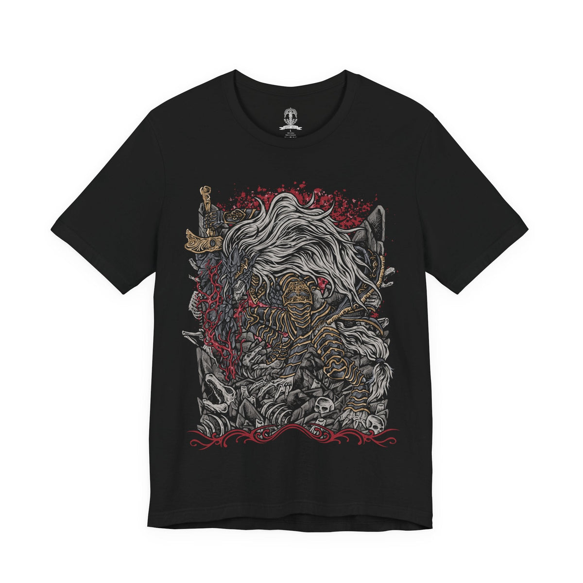 Image 4 of a T-Shirt design of Maliketh, the Black Blade from Elden Ring, standing in his imposing beast-like armor while gripping the enormous Black Blade infused with the power of Destined Death. Dark crimson energy and swirling shadows surround the beast as his tattered cloak moves through the ruins of Farum Azula. The design captures his ferocity, loyalty, and terrifying connection to death.