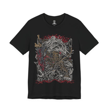 Image 4 of a T-Shirt design of Maliketh, the Black Blade from Elden Ring, standing in his imposing beast-like armor while gripping the enormous Black Blade infused with the power of Destined Death. Dark crimson energy and swirling shadows surround the beast as his tattered cloak moves through the ruins of Farum Azula. The design captures his ferocity, loyalty, and terrifying connection to death.