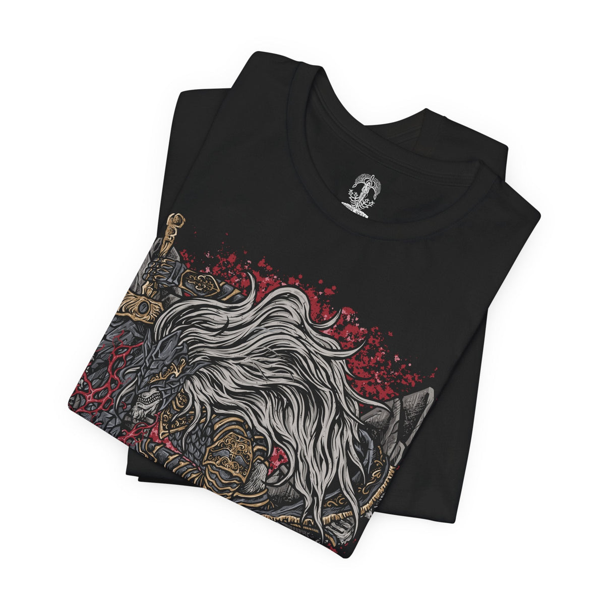 Image 5 of a T-Shirt design of Maliketh, the Black Blade from Elden Ring, standing in his imposing beast-like armor while gripping the enormous Black Blade infused with the power of Destined Death. Dark crimson energy and swirling shadows surround the beast as his tattered cloak moves through the ruins of Farum Azula. The design captures his ferocity, loyalty, and terrifying connection to death.