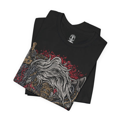 Image 5 of a T-Shirt design of Maliketh, the Black Blade from Elden Ring, standing in his imposing beast-like armor while gripping the enormous Black Blade infused with the power of Destined Death. Dark crimson energy and swirling shadows surround the beast as his tattered cloak moves through the ruins of Farum Azula. The design captures his ferocity, loyalty, and terrifying connection to death.