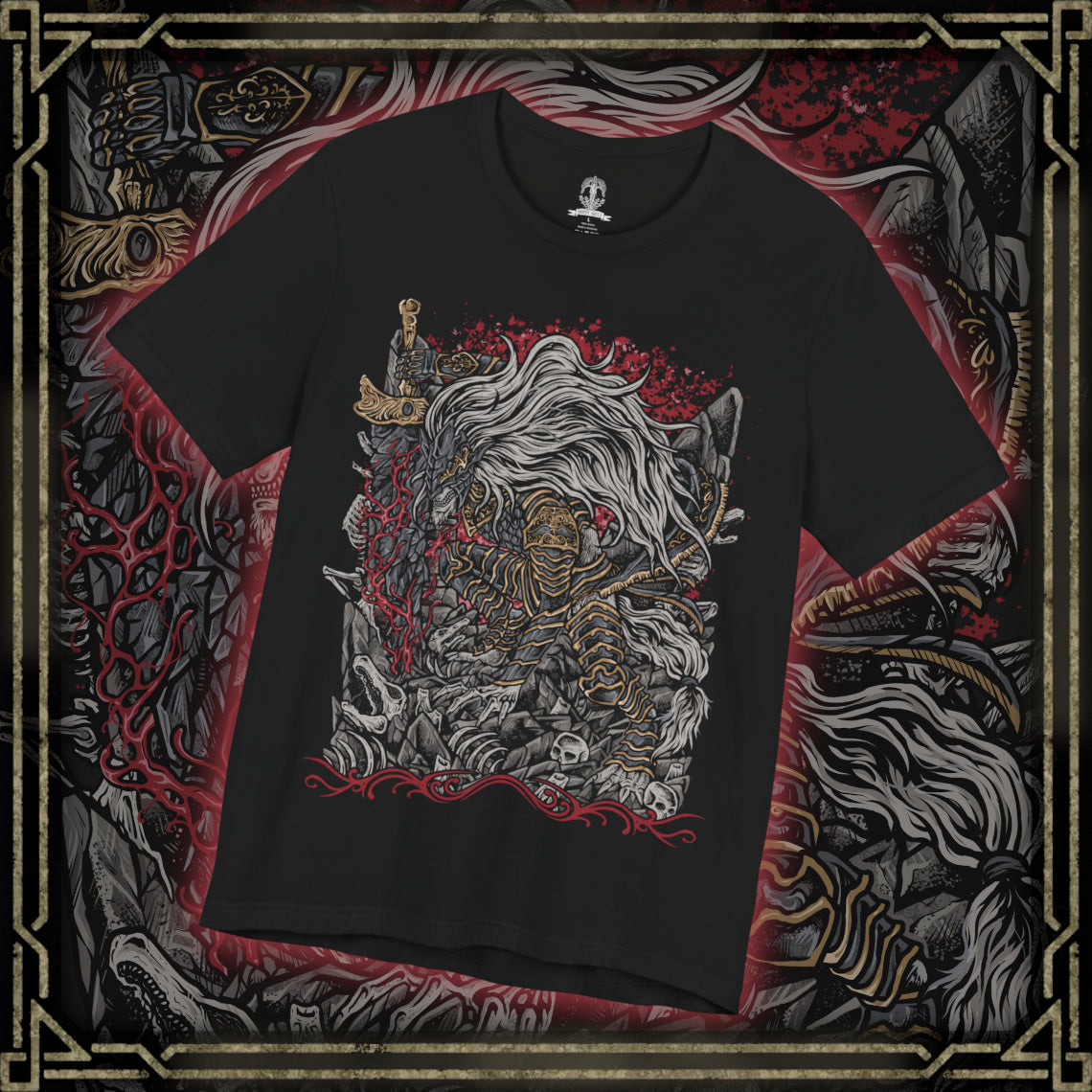 Thumbnail of a T-Shirt design of Maliketh, the Black Blade from Elden Ring, standing in his imposing beast-like armor while gripping the enormous Black Blade infused with the power of Destined Death. Dark crimson energy and swirling shadows surround the beast as his tattered cloak moves through the ruins of Farum Azula. The design captures his ferocity, loyalty, and terrifying connection to death.