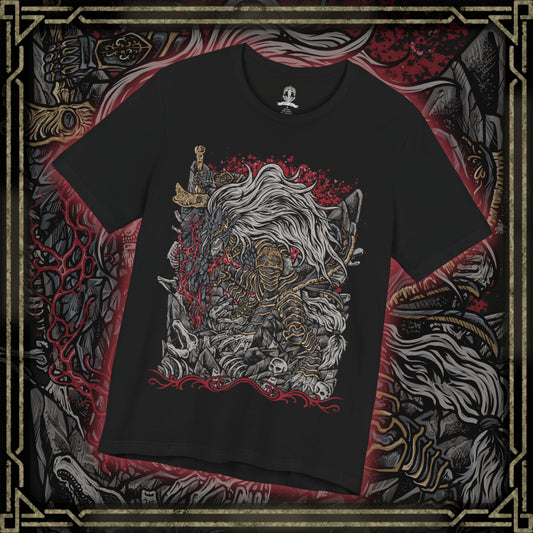 Thumbnail of a T-Shirt design of Maliketh, the Black Blade from Elden Ring, standing in his imposing beast-like armor while gripping the enormous Black Blade infused with the power of Destined Death. Dark crimson energy and swirling shadows surround the beast as his tattered cloak moves through the ruins of Farum Azula. The design captures his ferocity, loyalty, and terrifying connection to death.