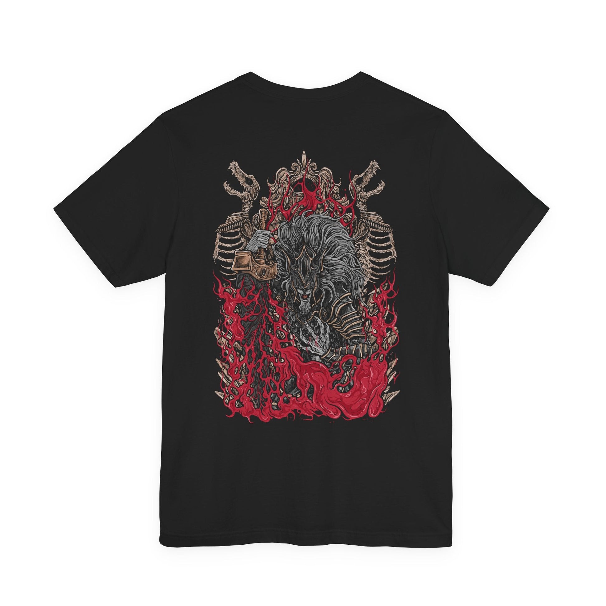 Image 5 of a T-shirt featuring Maliketh, the Black Blade from Elden Ring, guardian of Destined Death and Marika’s loyal shadow. Clad in blackened armor and wielding a red-bladed greatsword, Maliketh channels the power of death itself. This design captures his fearsome agility, divine loyalty, and the cosmic weight of his sacred duty.