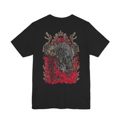 Image 5 of a T-shirt featuring Maliketh, the Black Blade from Elden Ring, guardian of Destined Death and Marika’s loyal shadow. Clad in blackened armor and wielding a red-bladed greatsword, Maliketh channels the power of death itself. This design captures his fearsome agility, divine loyalty, and the cosmic weight of his sacred duty.