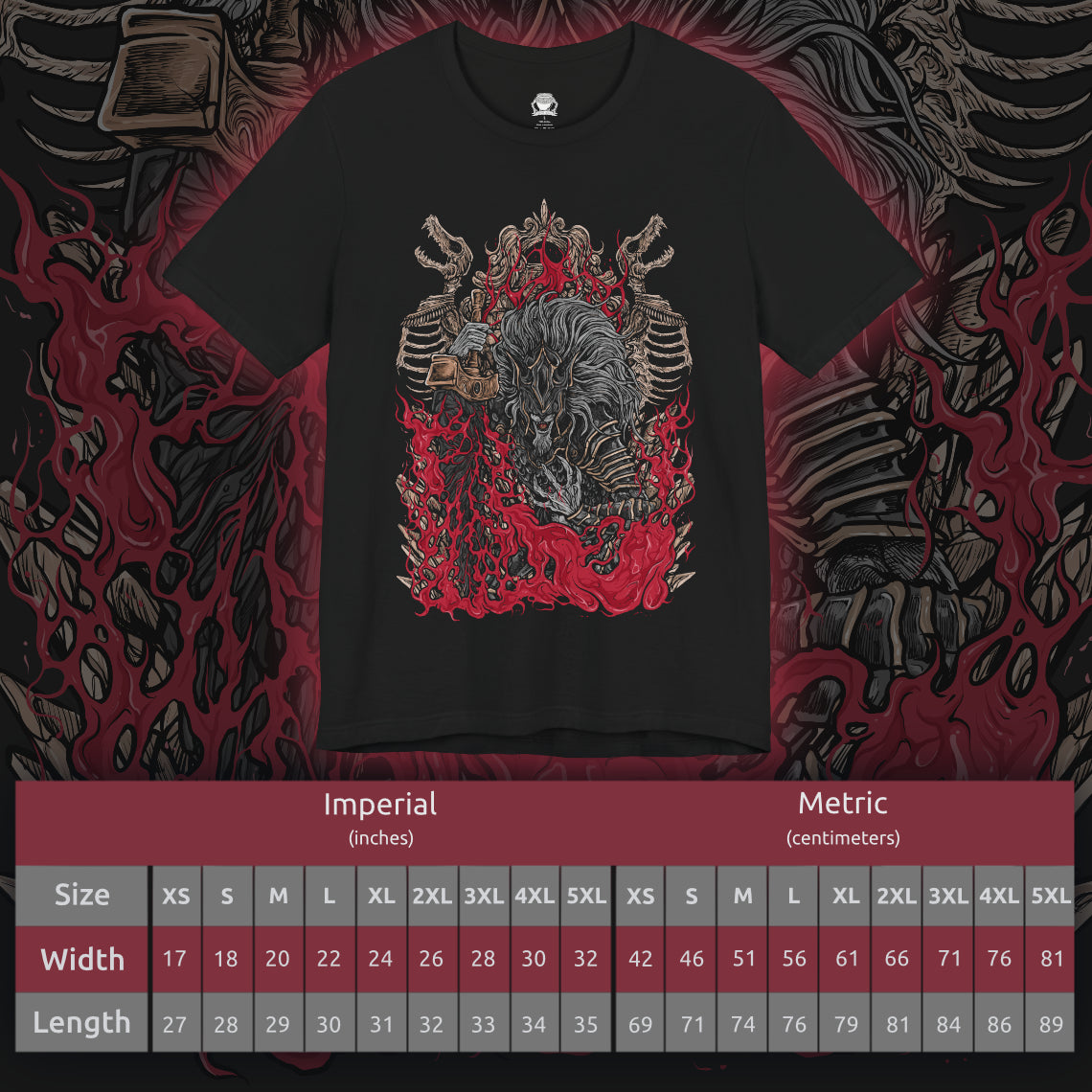 Size chart of a T-shirt featuring Maliketh, the Black Blade from Elden Ring, guardian of Destined Death and Marika’s loyal shadow. Clad in blackened armor and wielding a red-bladed greatsword, Maliketh channels the power of death itself. This design captures his fearsome agility, divine loyalty, and the cosmic weight of his sacred duty.