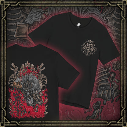 Thumbnail of a T-shirt featuring Maliketh, the Black Blade from Elden Ring, guardian of Destined Death and Marika’s loyal shadow. Clad in blackened armor and wielding a red-bladed greatsword, Maliketh channels the power of death itself. This design captures his fearsome agility, divine loyalty, and the cosmic weight of his sacred duty.