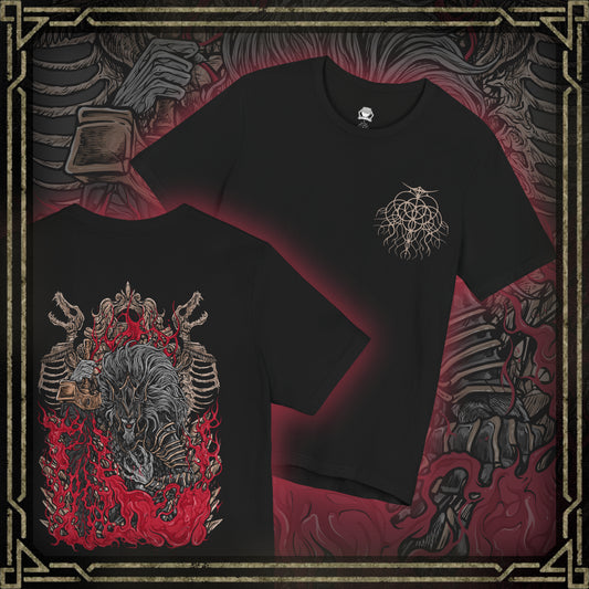 Thumbnail of a T-shirt featuring Maliketh, the Black Blade from Elden Ring, guardian of Destined Death and Marika’s loyal shadow. Clad in blackened armor and wielding a red-bladed greatsword, Maliketh channels the power of death itself. This design captures his fearsome agility, divine loyalty, and the cosmic weight of his sacred duty.