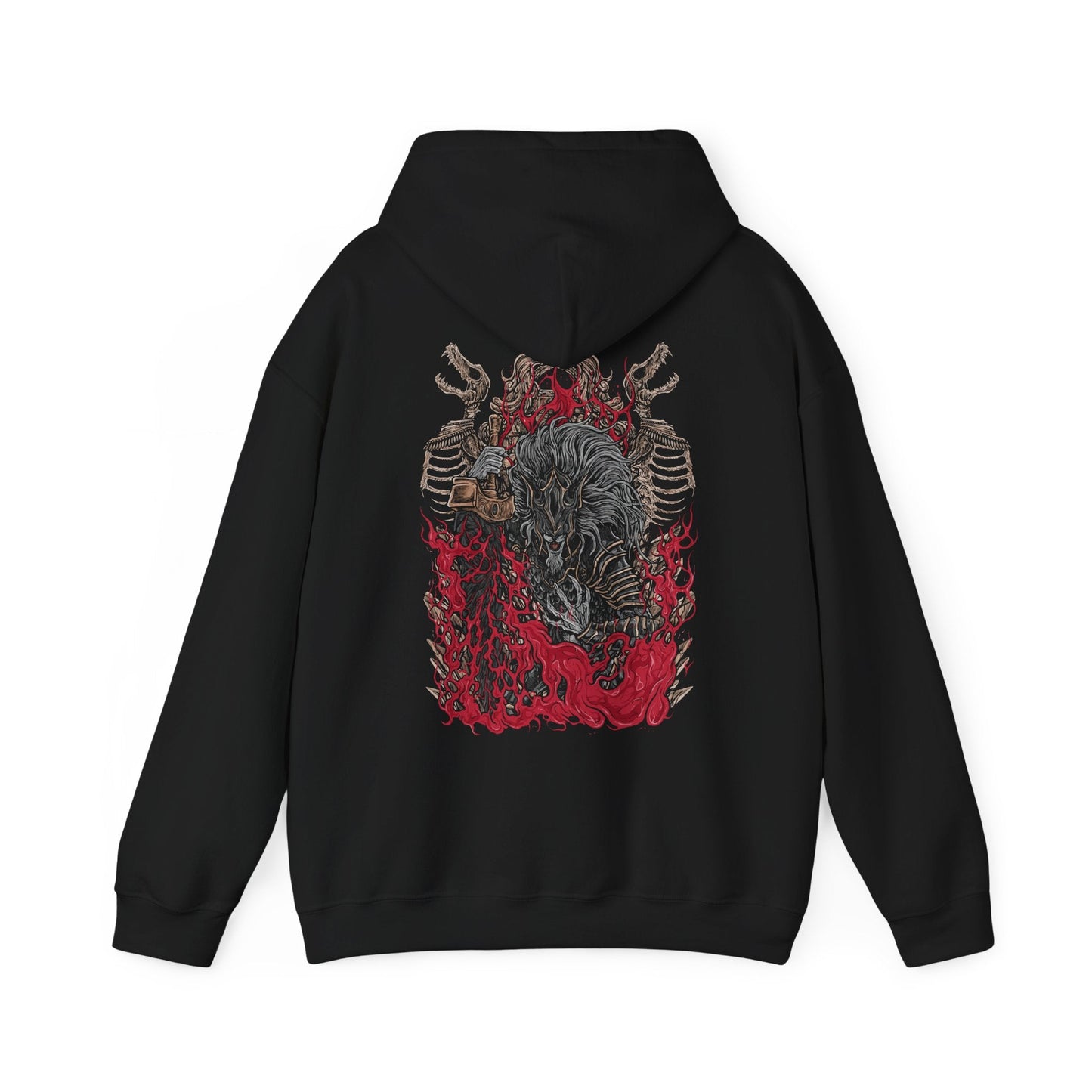 Image 5 of a Hooded Sweatshirt showcasing Maliketh, the Black Blade, a towering warrior-beast in Elden Ring who sealed away Destined Death to preserve the Golden Order. His feral grace and shadowy armor reflect both martial mastery and burdened loyalty. This artwork honors his pivotal role in the Erdtree’s dark legacy and the shattering of fate.