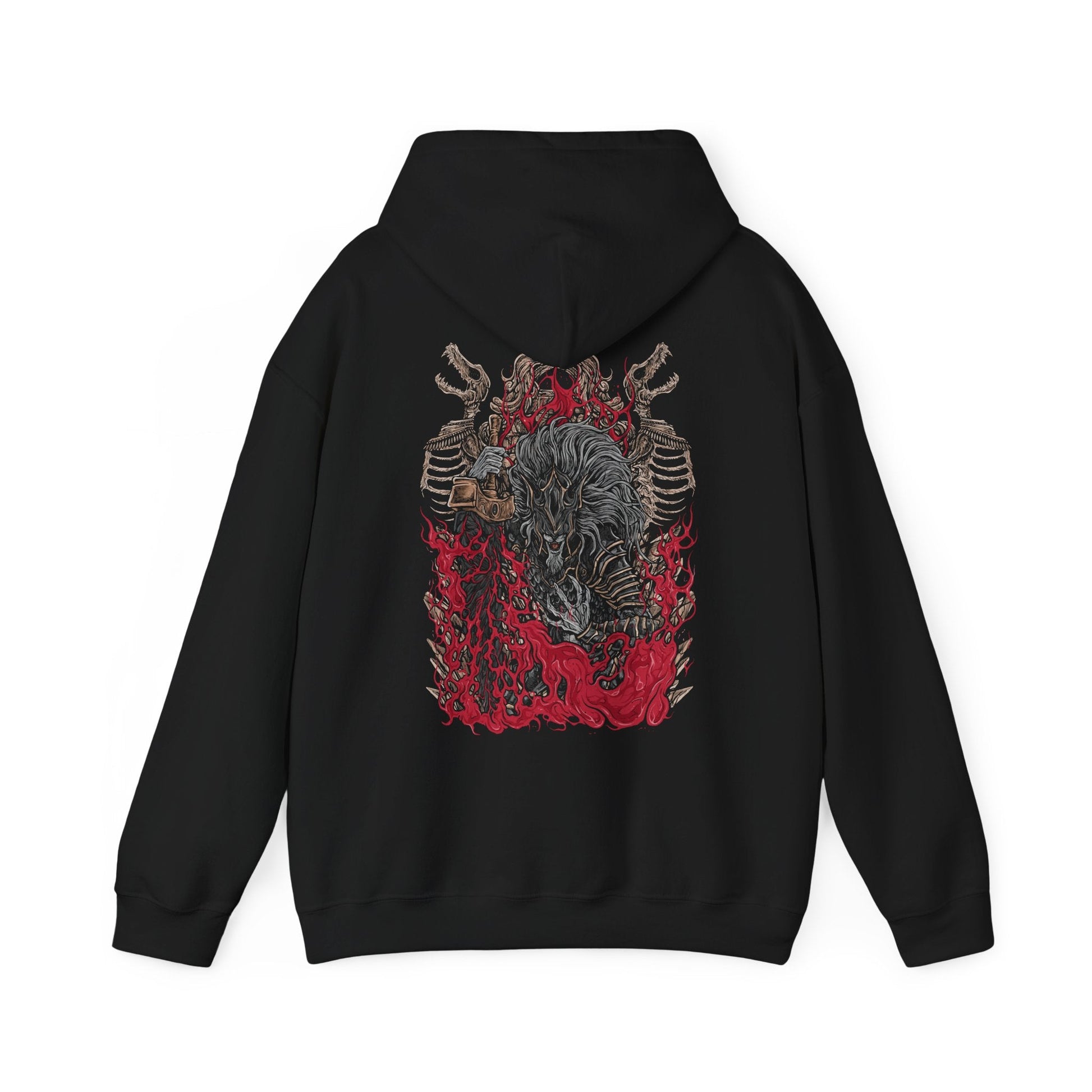 Image 5 of a Hooded Sweatshirt showcasing Maliketh, the Black Blade, a towering warrior-beast in Elden Ring who sealed away Destined Death to preserve the Golden Order. His feral grace and shadowy armor reflect both martial mastery and burdened loyalty. This artwork honors his pivotal role in the Erdtree’s dark legacy and the shattering of fate.