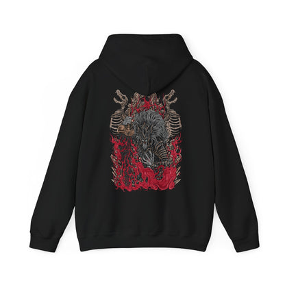 Image 5 of a Hooded Sweatshirt showcasing Maliketh, the Black Blade, a towering warrior-beast in Elden Ring who sealed away Destined Death to preserve the Golden Order. His feral grace and shadowy armor reflect both martial mastery and burdened loyalty. This artwork honors his pivotal role in the Erdtree’s dark legacy and the shattering of fate.