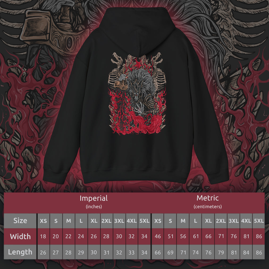 Size chart of a Hooded Sweatshirt showcasing Maliketh, the Black Blade, a towering warrior-beast in Elden Ring who sealed away Destined Death to preserve the Golden Order. His feral grace and shadowy armor reflect both martial mastery and burdened loyalty. This artwork honors his pivotal role in the Erdtree’s dark legacy and the shattering of fate.