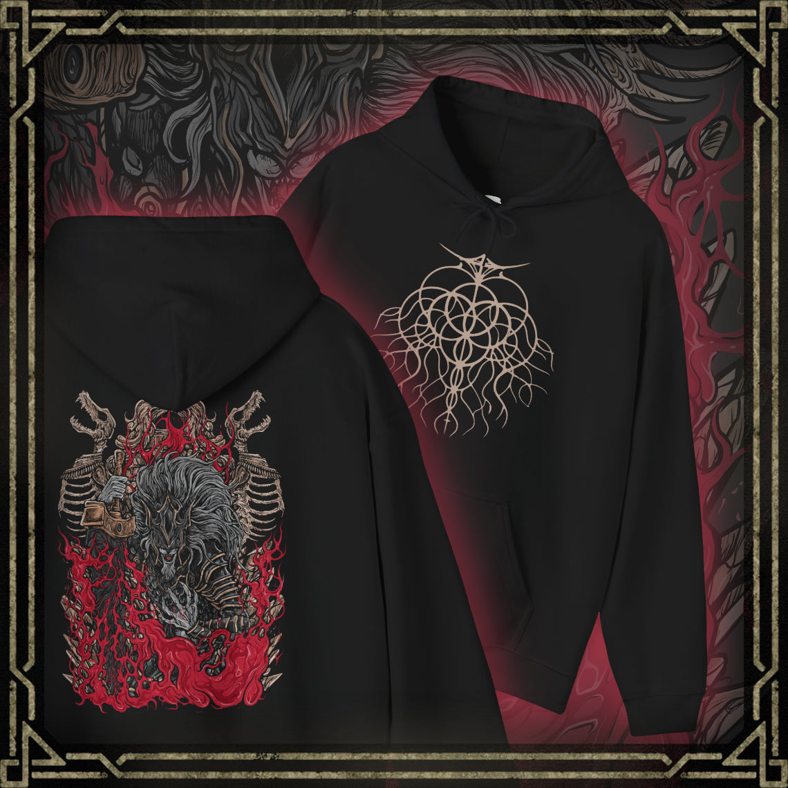 Thumbnail of a Hooded Sweatshirt showcasing Maliketh, the Black Blade, a towering warrior-beast in Elden Ring who sealed away Destined Death to preserve the Golden Order. His feral grace and shadowy armor reflect both martial mastery and burdened loyalty. This artwork honors his pivotal role in the Erdtree’s dark legacy and the shattering of fate.