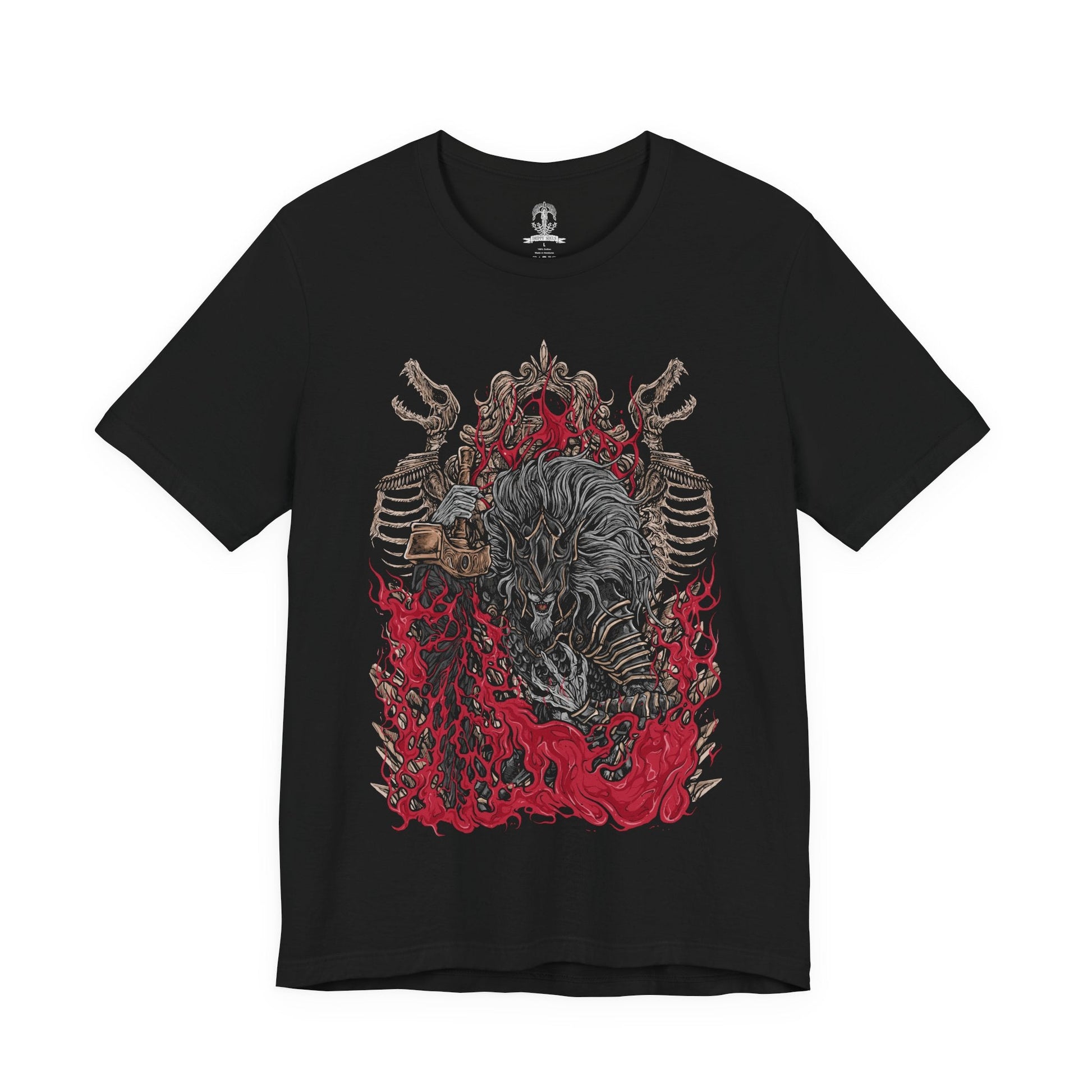 Image 4 of a T-shirt featuring Maliketh, the Black Blade from Elden Ring, the loyal shadow of Queen Marika and wielder of Destined Death. Clad in obsidian armor and wielding his signature blade, Maliketh stands as the final guardian of forbidden truth. This design captures his dynamic, beast-like form—embodying honor, tragedy, and divine power.