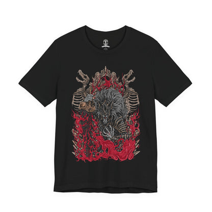 Image 4 of a T-shirt featuring Maliketh, the Black Blade from Elden Ring, the loyal shadow of Queen Marika and wielder of Destined Death. Clad in obsidian armor and wielding his signature blade, Maliketh stands as the final guardian of forbidden truth. This design captures his dynamic, beast-like form—embodying honor, tragedy, and divine power.