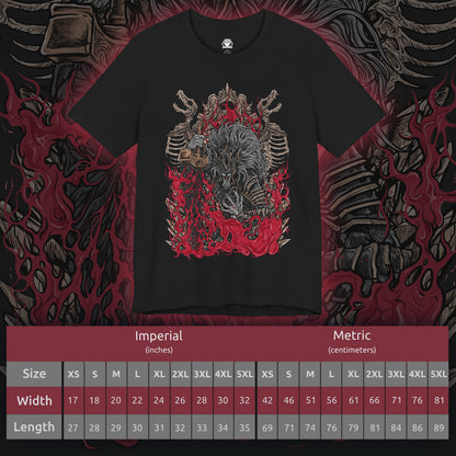 Size chart of a T-shirt featuring Maliketh, the Black Blade from Elden Ring, the loyal shadow of Queen Marika and wielder of Destined Death. Clad in obsidian armor and wielding his signature blade, Maliketh stands as the final guardian of forbidden truth. This design captures his dynamic, beast-like form—embodying honor, tragedy, and divine power.