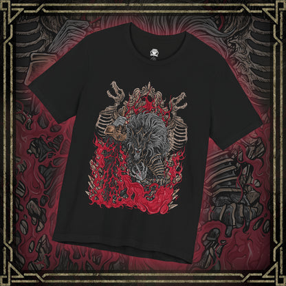 Thumbnail of a T-shirt featuring Maliketh, the Black Blade from Elden Ring, the loyal shadow of Queen Marika and wielder of Destined Death. Clad in obsidian armor and wielding his signature blade, Maliketh stands as the final guardian of forbidden truth. This design captures his dynamic, beast-like form—embodying honor, tragedy, and divine power.