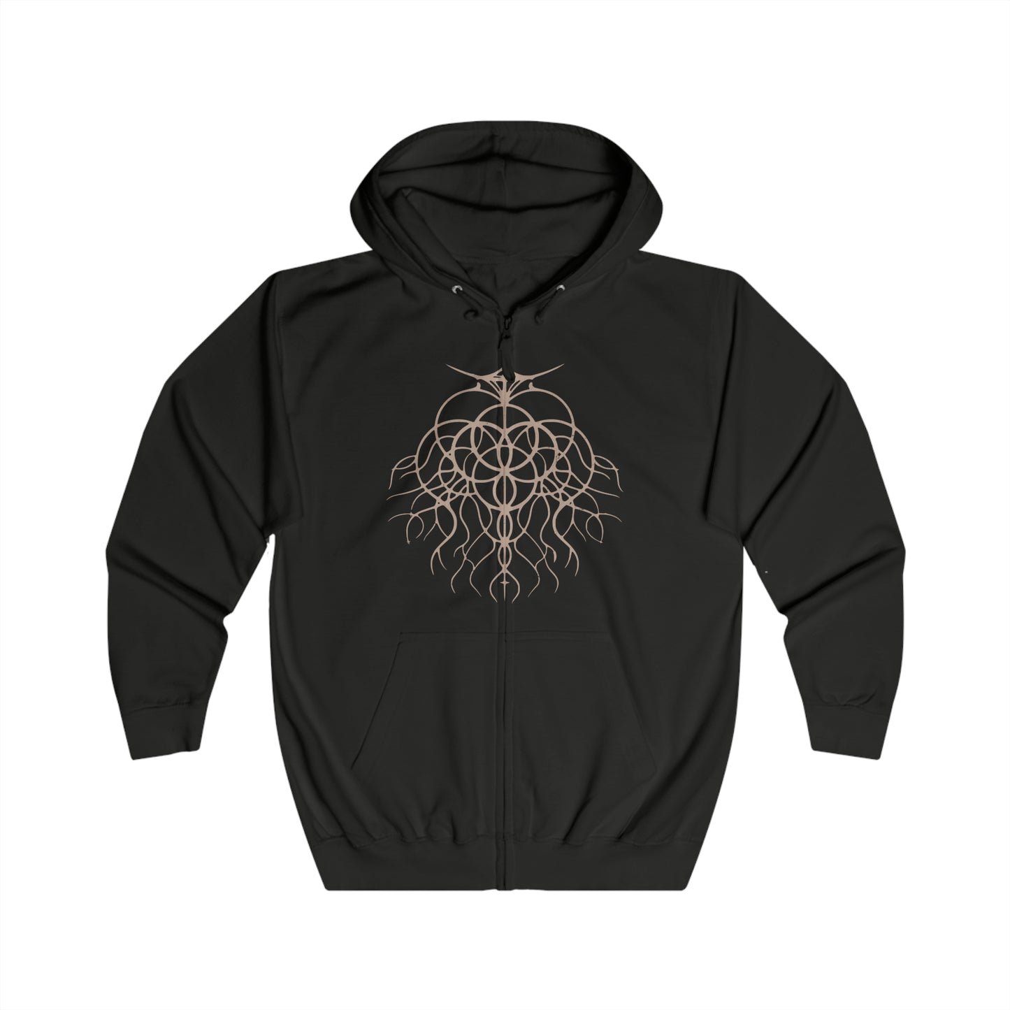 Image 4 of a Zip-up Hooded Sweatshirt featuring Maliketh, the Black Blade from Elden Ring, the loyal beast cleric and guardian of Destined Death. Once known as Gurranq, Maliketh wields the power of the Rune of Death with unmatched ferocity. This design captures his blackened armor, crimson energy, and tragic duty—bound by faith, burdened by eternity, and feared by gods and mortals alike.