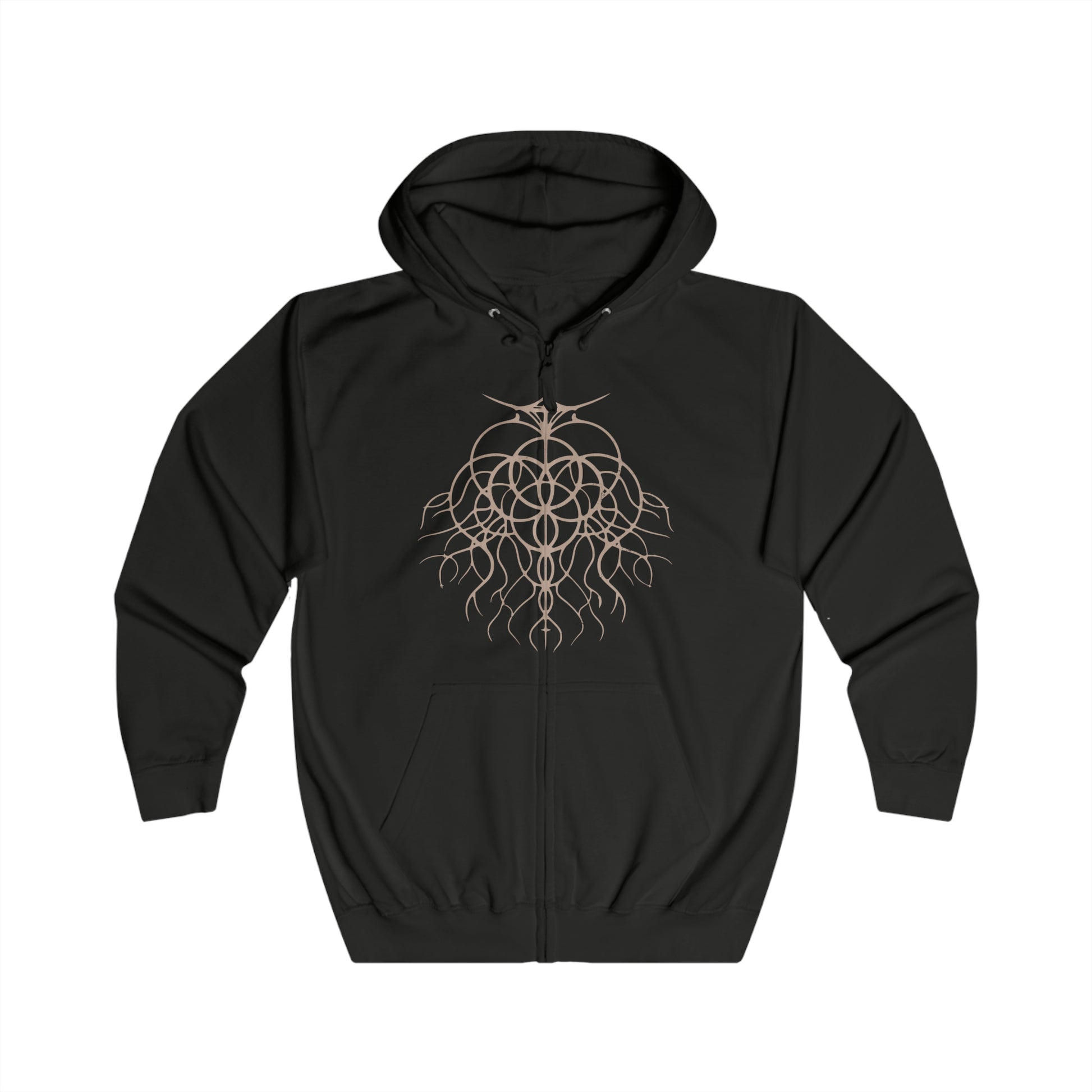 Image 4 of a Zip-up Hooded Sweatshirt featuring Maliketh, the Black Blade from Elden Ring, the loyal beast cleric and guardian of Destined Death. Once known as Gurranq, Maliketh wields the power of the Rune of Death with unmatched ferocity. This design captures his blackened armor, crimson energy, and tragic duty—bound by faith, burdened by eternity, and feared by gods and mortals alike.