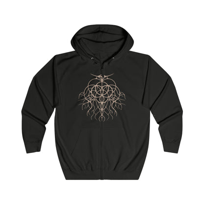 Image 4 of a Zip-up Hooded Sweatshirt featuring Maliketh, the Black Blade from Elden Ring, the loyal beast cleric and guardian of Destined Death. Once known as Gurranq, Maliketh wields the power of the Rune of Death with unmatched ferocity. This design captures his blackened armor, crimson energy, and tragic duty—bound by faith, burdened by eternity, and feared by gods and mortals alike.