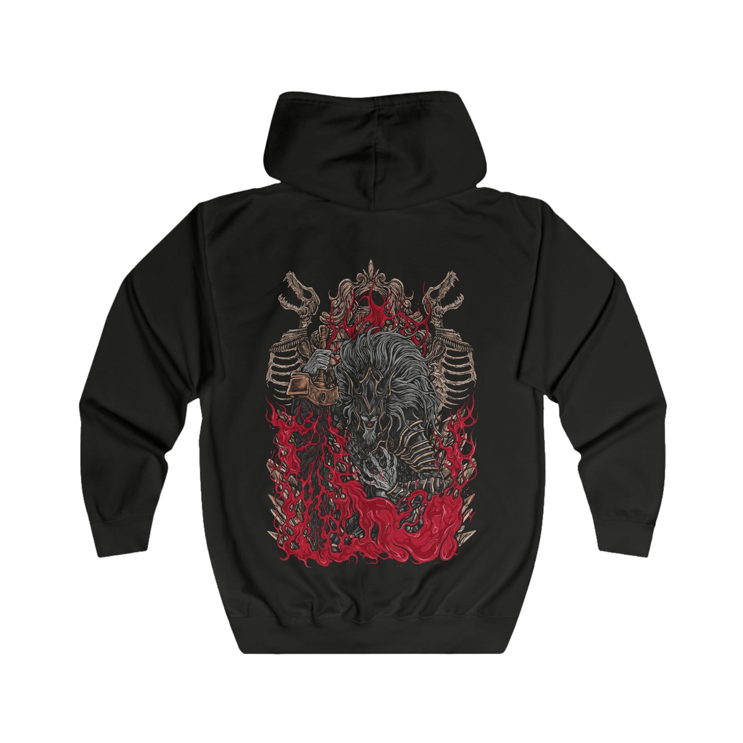 Folded Zip-up Hooded Sweatshirt featuring Maliketh, the Black Blade from Elden Ring, the loyal beast cleric and guardian of Destined Death. Once known as Gurranq, Maliketh wields the power of the Rune of Death with unmatched ferocity. This design captures his blackened armor, crimson energy, and tragic duty—bound by faith, burdened by eternity, and feared by gods and mortals alike.