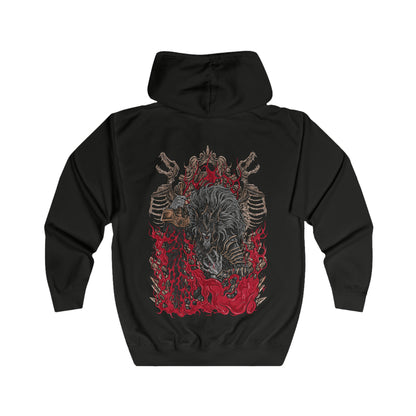 Folded Zip-up Hooded Sweatshirt featuring Maliketh, the Black Blade from Elden Ring, the loyal beast cleric and guardian of Destined Death. Once known as Gurranq, Maliketh wields the power of the Rune of Death with unmatched ferocity. This design captures his blackened armor, crimson energy, and tragic duty—bound by faith, burdened by eternity, and feared by gods and mortals alike.