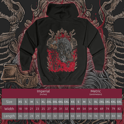 Size chart of a Zip-up Hooded Sweatshirt featuring Maliketh, the Black Blade from Elden Ring, the loyal beast cleric and guardian of Destined Death. Once known as Gurranq, Maliketh wields the power of the Rune of Death with unmatched ferocity. This design captures his blackened armor, crimson energy, and tragic duty—bound by faith, burdened by eternity, and feared by gods and mortals alike.