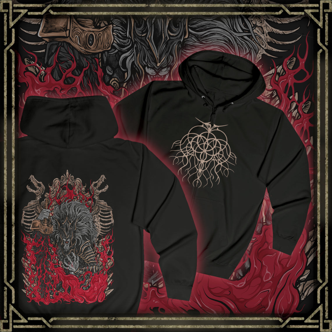Thumbnail of a Zip-up Hooded Sweatshirt featuring Maliketh, the Black Blade from Elden Ring, the loyal beast cleric and guardian of Destined Death. Once known as Gurranq, Maliketh wields the power of the Rune of Death with unmatched ferocity. This design captures his blackened armor, crimson energy, and tragic duty—bound by faith, burdened by eternity, and feared by gods and mortals alike.