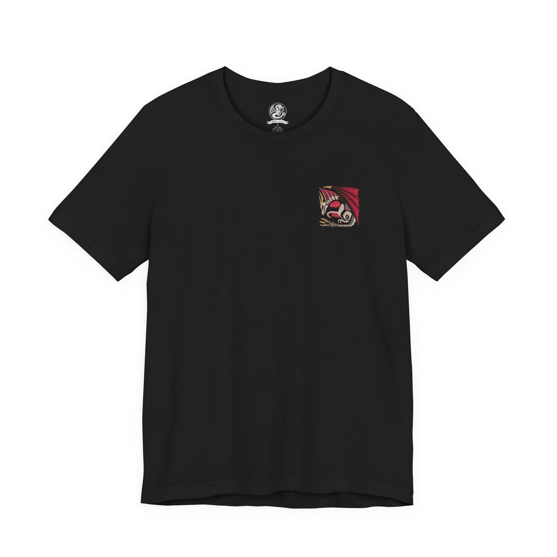 Image 4 of a T-Shirt artwork depicting Malzeno spreading its enormous wings within the darkened halls of its castle as swarms of Qurio orbit its body. Crimson energy pulses through the Elder Dragon while blood-red light illuminates its pale scales and massive horns. The design emphasizes Malzeno's regal appearance, supernatural power, and deadly Bloodening state.