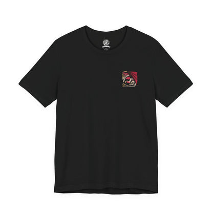 Image 4 of a T-Shirt artwork depicting Malzeno spreading its enormous wings within the darkened halls of its castle as swarms of Qurio orbit its body. Crimson energy pulses through the Elder Dragon while blood-red light illuminates its pale scales and massive horns. The design emphasizes Malzeno's regal appearance, supernatural power, and deadly Bloodening state.