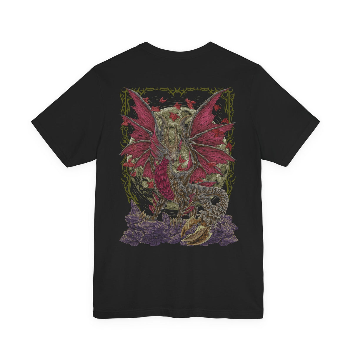 Image 5 of a T-Shirt artwork depicting Malzeno spreading its enormous wings within the darkened halls of its castle as swarms of Qurio orbit its body. Crimson energy pulses through the Elder Dragon while blood-red light illuminates its pale scales and massive horns. The design emphasizes Malzeno's regal appearance, supernatural power, and deadly Bloodening state.