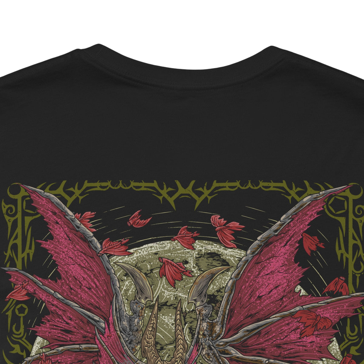 Image 7 of a T-Shirt artwork depicting Malzeno spreading its enormous wings within the darkened halls of its castle as swarms of Qurio orbit its body. Crimson energy pulses through the Elder Dragon while blood-red light illuminates its pale scales and massive horns. The design emphasizes Malzeno's regal appearance, supernatural power, and deadly Bloodening state.