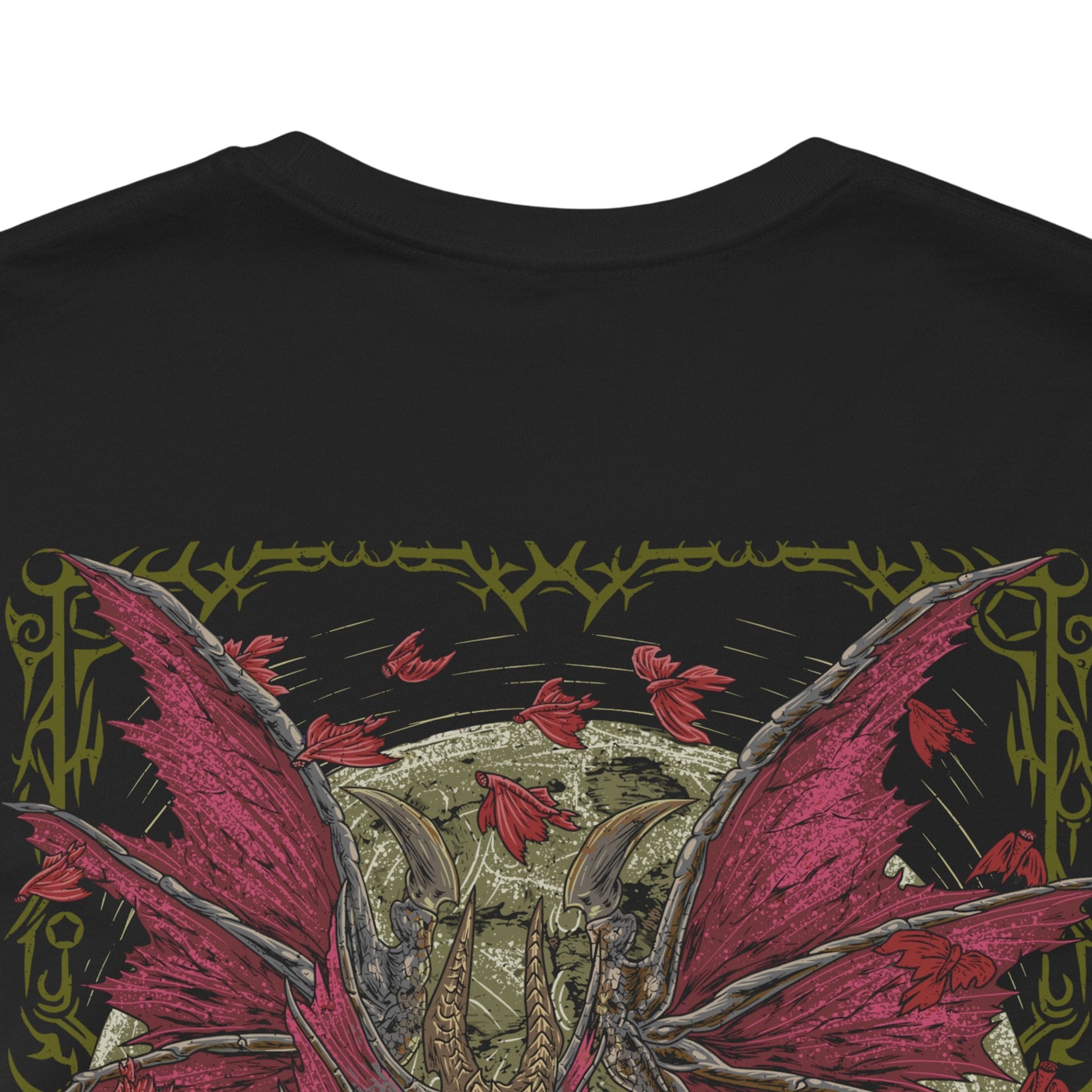 Image 7 of a T-Shirt artwork depicting Malzeno spreading its enormous wings within the darkened halls of its castle as swarms of Qurio orbit its body. Crimson energy pulses through the Elder Dragon while blood-red light illuminates its pale scales and massive horns. The design emphasizes Malzeno's regal appearance, supernatural power, and deadly Bloodening state.