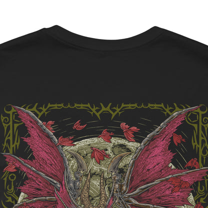 Image 7 of a T-Shirt artwork depicting Malzeno spreading its enormous wings within the darkened halls of its castle as swarms of Qurio orbit its body. Crimson energy pulses through the Elder Dragon while blood-red light illuminates its pale scales and massive horns. The design emphasizes Malzeno's regal appearance, supernatural power, and deadly Bloodening state.