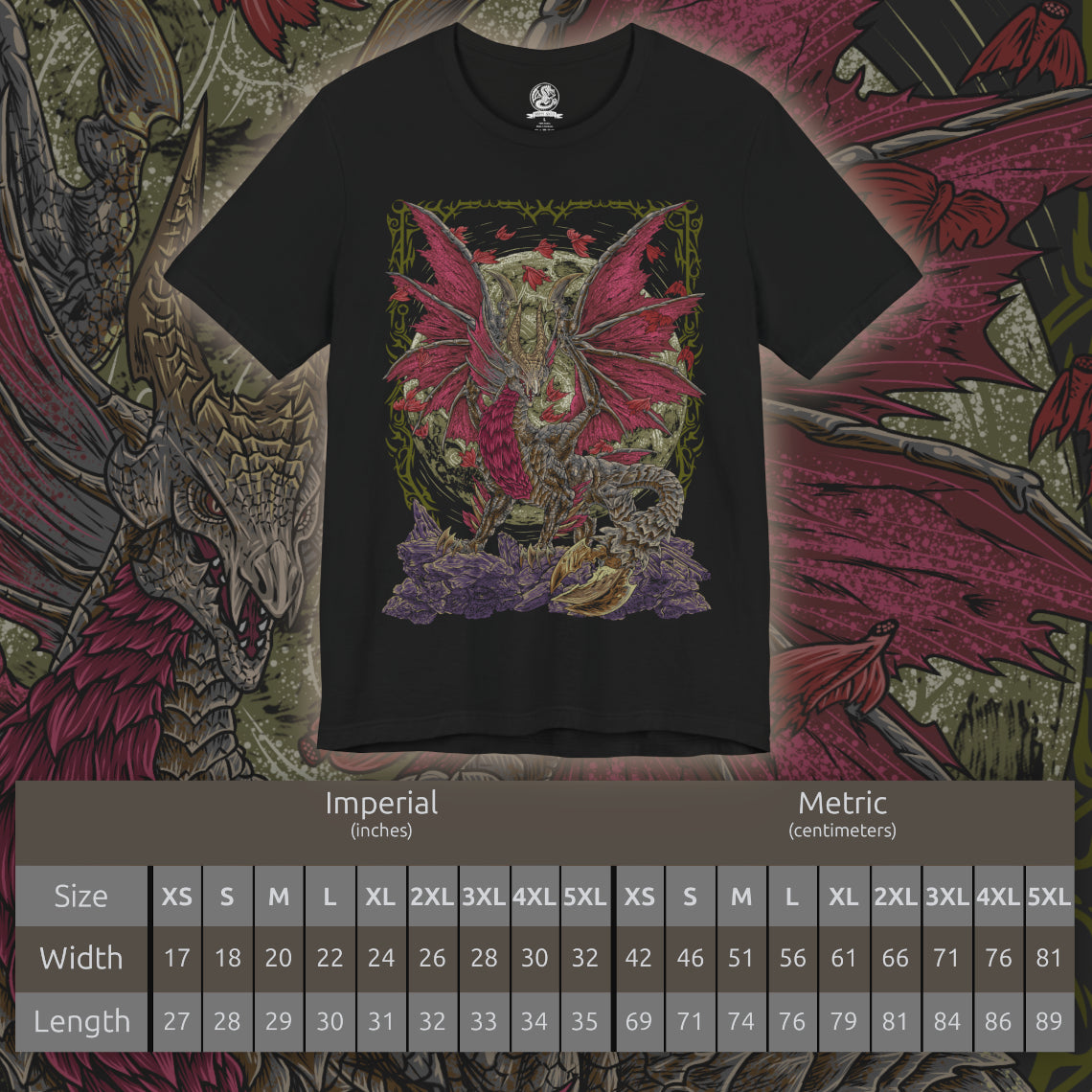 Size chart of a T-Shirt artwork depicting Malzeno spreading its enormous wings within the darkened halls of its castle as swarms of Qurio orbit its body. Crimson energy pulses through the Elder Dragon while blood-red light illuminates its pale scales and massive horns. The design emphasizes Malzeno's regal appearance, supernatural power, and deadly Bloodening state.