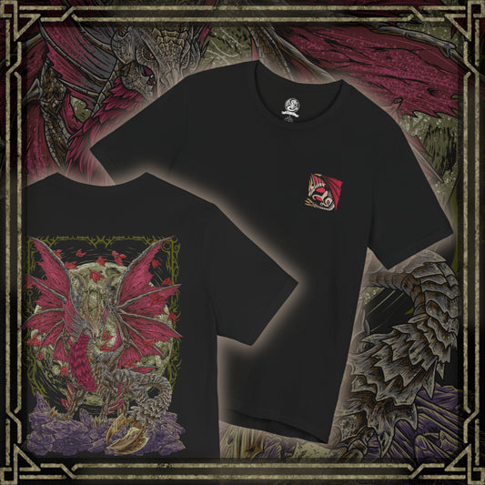 Thumbnail of a T-Shirt artwork depicting Malzeno spreading its enormous wings within the darkened halls of its castle as swarms of Qurio orbit its body. Crimson energy pulses through the Elder Dragon while blood-red light illuminates its pale scales and massive horns. The design emphasizes Malzeno's regal appearance, supernatural power, and deadly Bloodening state.