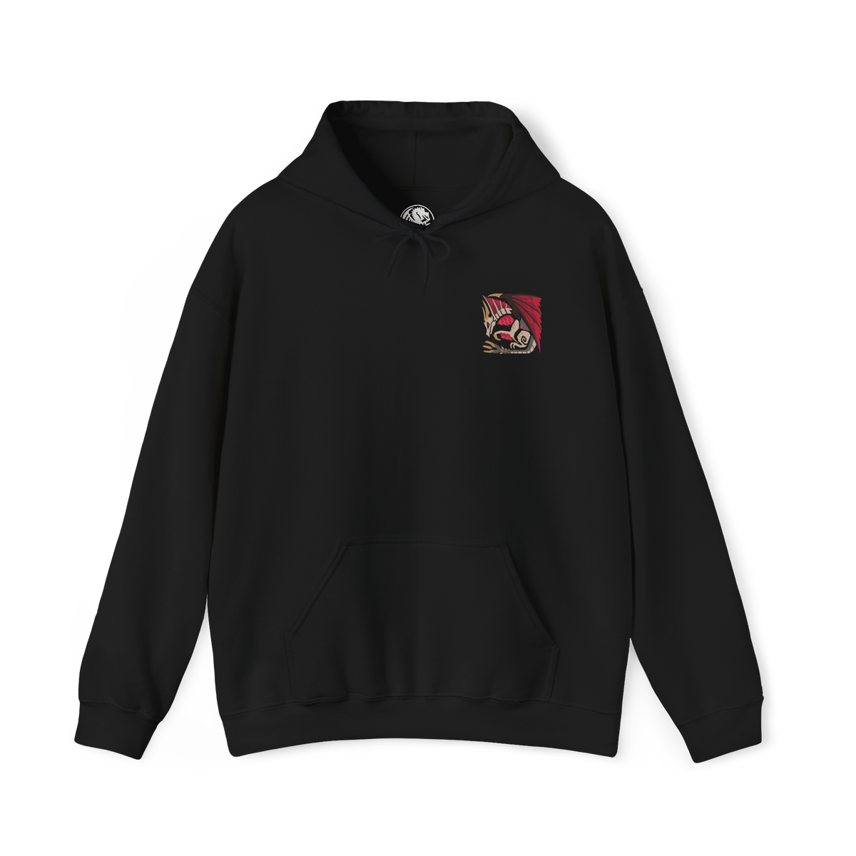 Image 4 of a Hooded Sweatshirt of Malzeno dominating the interior of its ancient castle, enormous crimson wings extended as Qurio swarm around its pale armored body. Red energy and dark mist fill the gothic chamber while the Elder Dragon prepares to unleash a devastating attack. The composition emphasizes Malzeno's regal silhouette, vampiric aesthetic, and terrifying connection to the Qurio.