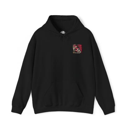 Image 4 of a Hooded Sweatshirt of Malzeno dominating the interior of its ancient castle, enormous crimson wings extended as Qurio swarm around its pale armored body. Red energy and dark mist fill the gothic chamber while the Elder Dragon prepares to unleash a devastating attack. The composition emphasizes Malzeno's regal silhouette, vampiric aesthetic, and terrifying connection to the Qurio.