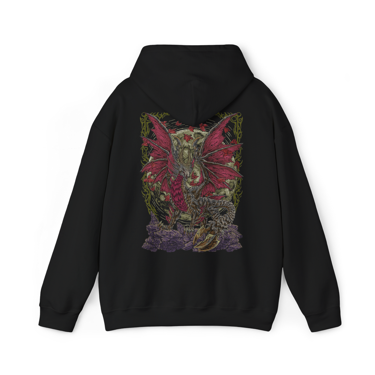 Image 5 of a Hooded Sweatshirt of Malzeno dominating the interior of its ancient castle, enormous crimson wings extended as Qurio swarm around its pale armored body. Red energy and dark mist fill the gothic chamber while the Elder Dragon prepares to unleash a devastating attack. The composition emphasizes Malzeno's regal silhouette, vampiric aesthetic, and terrifying connection to the Qurio.
