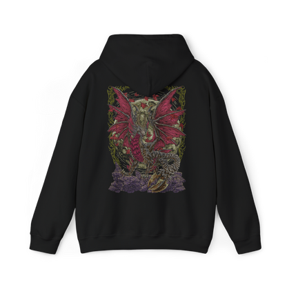 Image 5 of a Hooded Sweatshirt of Malzeno dominating the interior of its ancient castle, enormous crimson wings extended as Qurio swarm around its pale armored body. Red energy and dark mist fill the gothic chamber while the Elder Dragon prepares to unleash a devastating attack. The composition emphasizes Malzeno's regal silhouette, vampiric aesthetic, and terrifying connection to the Qurio.