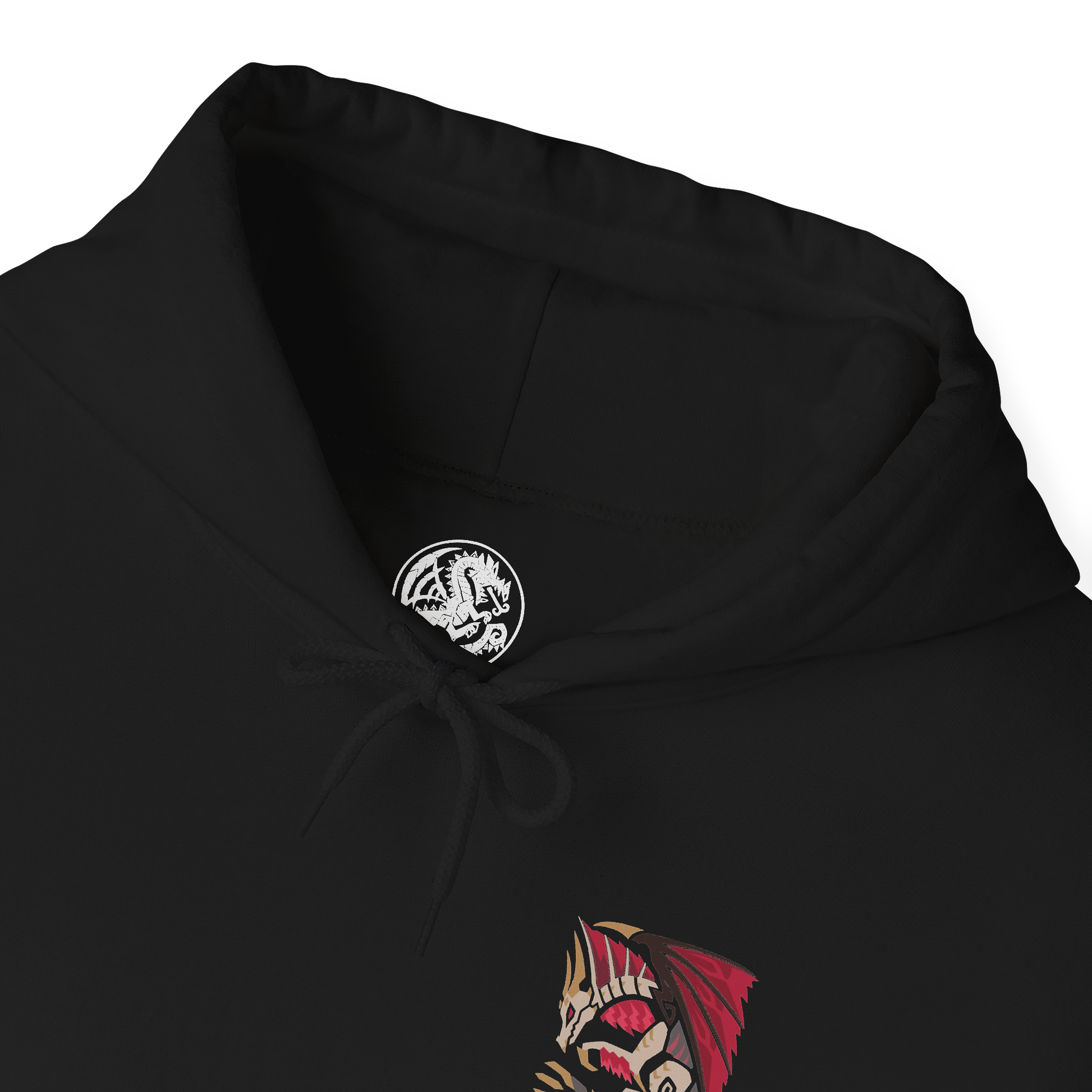Folded Hooded Sweatshirt of Malzeno dominating the interior of its ancient castle, enormous crimson wings extended as Qurio swarm around its pale armored body. Red energy and dark mist fill the gothic chamber while the Elder Dragon prepares to unleash a devastating attack. The composition emphasizes Malzeno's regal silhouette, vampiric aesthetic, and terrifying connection to the Qurio.