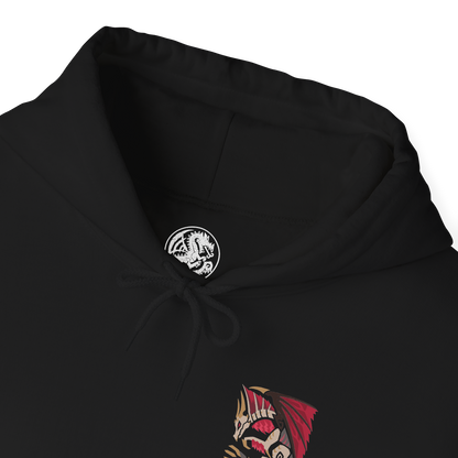 Folded Hooded Sweatshirt of Malzeno dominating the interior of its ancient castle, enormous crimson wings extended as Qurio swarm around its pale armored body. Red energy and dark mist fill the gothic chamber while the Elder Dragon prepares to unleash a devastating attack. The composition emphasizes Malzeno's regal silhouette, vampiric aesthetic, and terrifying connection to the Qurio.