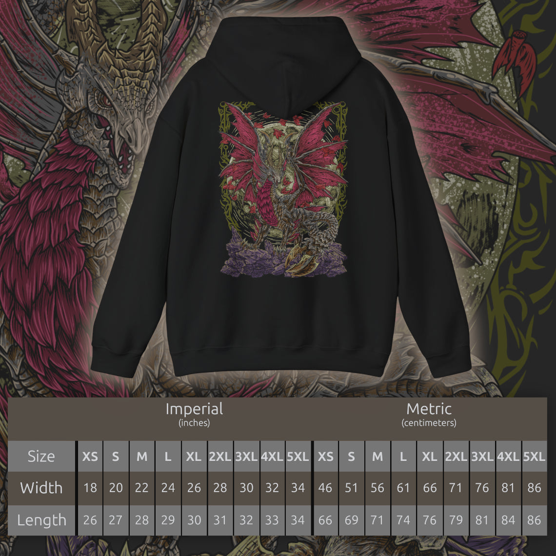 Size chart of a Hooded Sweatshirt of Malzeno dominating the interior of its ancient castle, enormous crimson wings extended as Qurio swarm around its pale armored body. Red energy and dark mist fill the gothic chamber while the Elder Dragon prepares to unleash a devastating attack. The composition emphasizes Malzeno's regal silhouette, vampiric aesthetic, and terrifying connection to the Qurio.