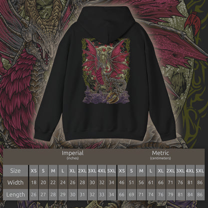 Size chart of a Hooded Sweatshirt of Malzeno dominating the interior of its ancient castle, enormous crimson wings extended as Qurio swarm around its pale armored body. Red energy and dark mist fill the gothic chamber while the Elder Dragon prepares to unleash a devastating attack. The composition emphasizes Malzeno's regal silhouette, vampiric aesthetic, and terrifying connection to the Qurio.