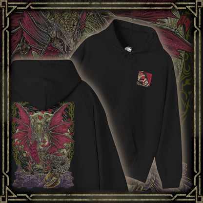 Thumbnail of a Hooded Sweatshirt of Malzeno dominating the interior of its ancient castle, enormous crimson wings extended as Qurio swarm around its pale armored body. Red energy and dark mist fill the gothic chamber while the Elder Dragon prepares to unleash a devastating attack. The composition emphasizes Malzeno's regal silhouette, vampiric aesthetic, and terrifying connection to the Qurio.